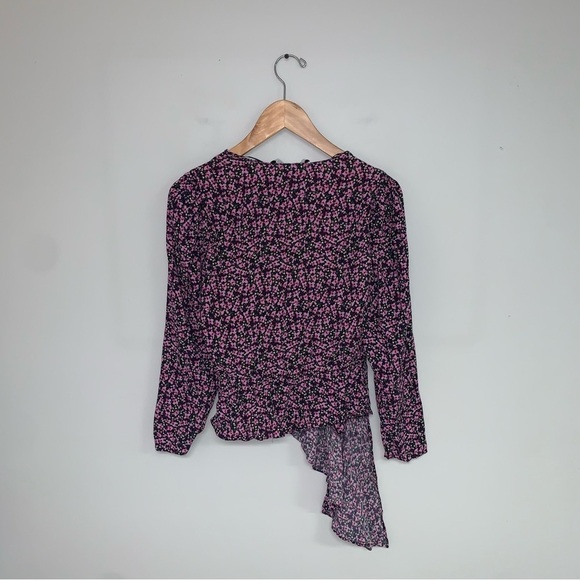 Zara Blouse Women 's Medium Black Pink Ruffle Asymmetrical Floral  Long Sleeve - Picture 8 of 11